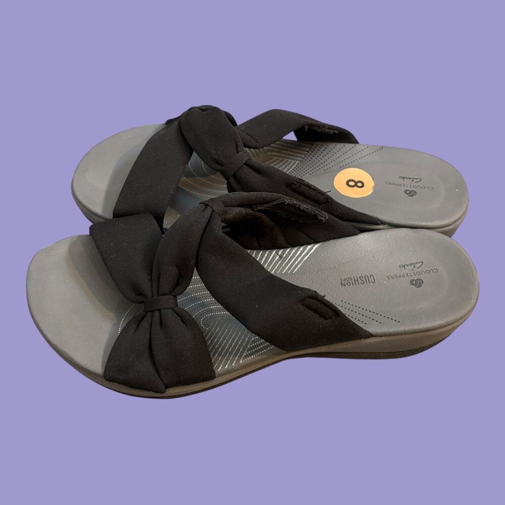Clarks Cloudsteppers Arla Kaylie Slide Sandals Women 8M Black Bow Solf Cushioned